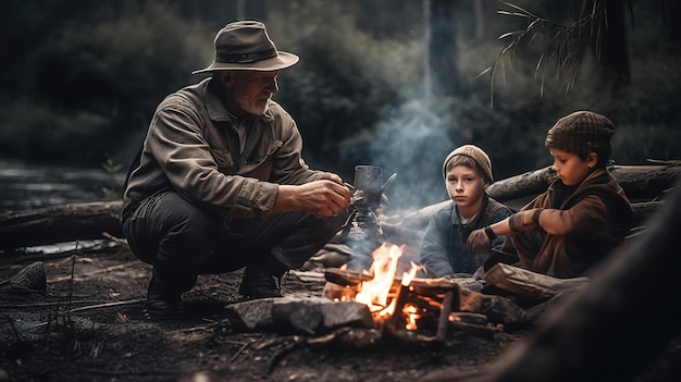 Ein Mann und ein Junge sitzen am Lagerfeuer im Wald, einer von ihnen trägt einen Hut