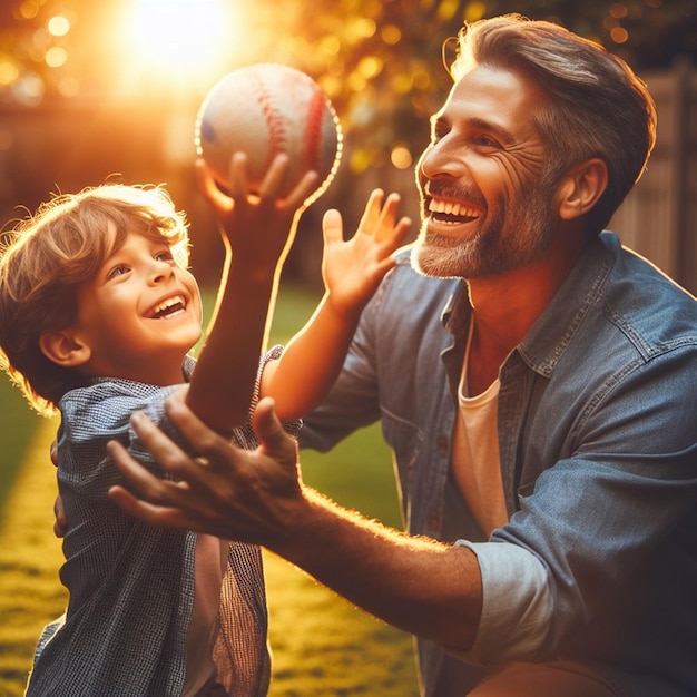 Foto ein mann und ein junge spielen baseball mit einem ball