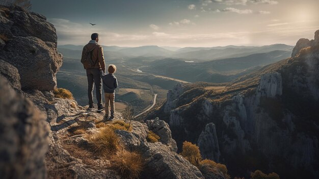 Ein Mann und ein Junge stehen auf einer Klippe und betrachten eine Landschaft, über der ein Vogel fliegt.