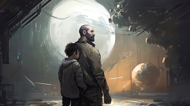 Ein Mann und ein Junge stehen vor einem Planeten, im Hintergrund ist ein Planet zu sehen.