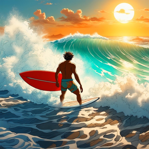 ein Mann und ein Junge surfen auf einer Welle in einem goldenen Himmel am Abend