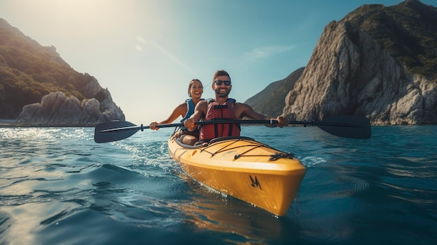 ein Mann und ein Kind, die im Wasser Kajak fahren