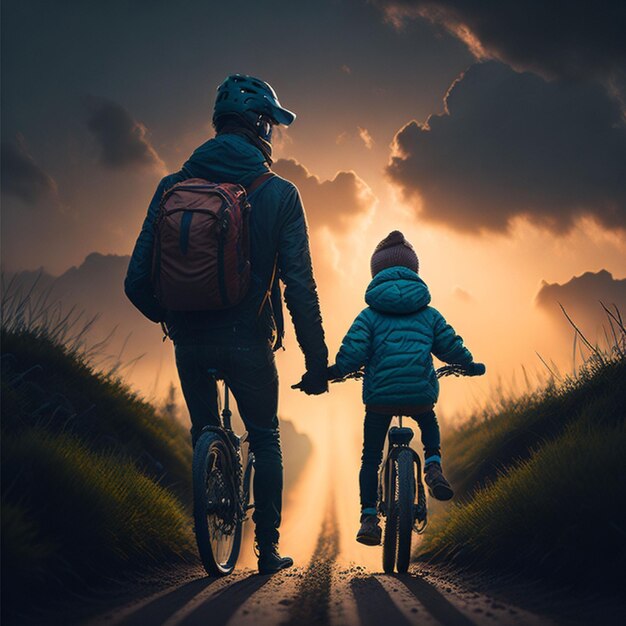 Ein Mann und ein Kind fahren mit dem Fahrrad auf einer Straße mit einem bewölkten Himmel im Hintergrund.