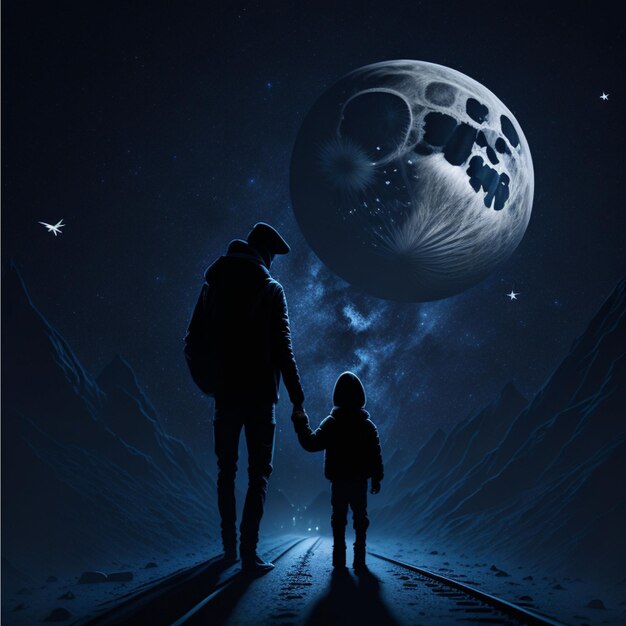 Ein Mann und ein Kind gehen auf einer Straße mit dem Mond im Hintergrund.
