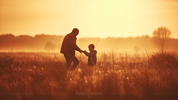 Ein Mann und ein Kind gehen bei Sonnenuntergang auf einem Feld spazieren