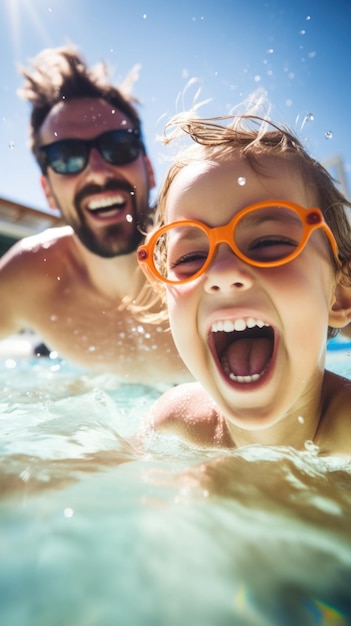 Ein Mann und ein Kind in einem Pool mit Sonnenbrille