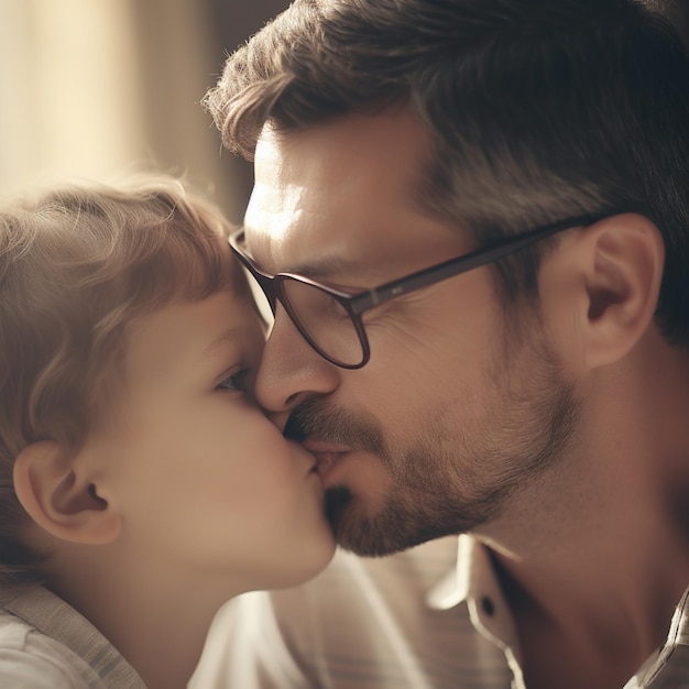 Ein Mann und ein Kind küssen sich mit Brille im Gesicht