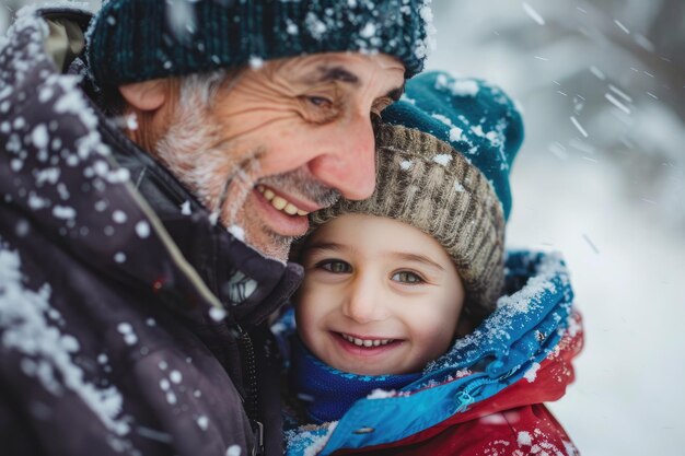 ein Mann und ein Kind lächeln im Schnee