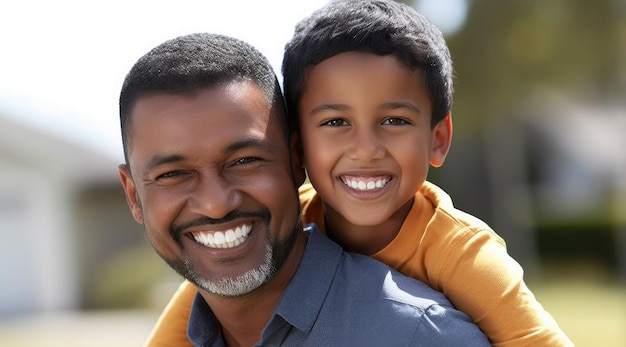 Ein Mann und ein Kind lächeln und der Vater hält seinen Sohn auf seinen Schultern.