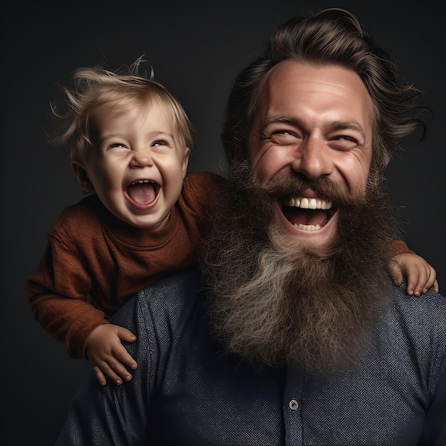 Ein Mann und ein Kind lächeln und eines trägt ein braunes Hemd.