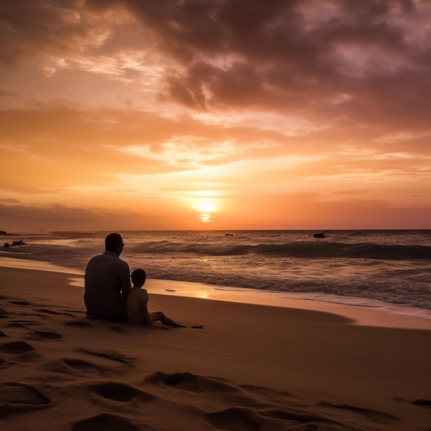 Ein Mann und ein Kind sitzen am Strand und beobachten den Sonnenuntergang