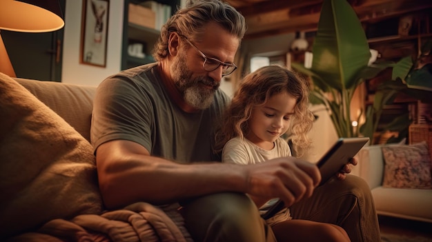 ein Mann und ein Kind sitzen auf einer Couch und schauen sich ein Buch an.