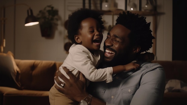 Ein Mann und ein Kind umarmen sich und lachen.