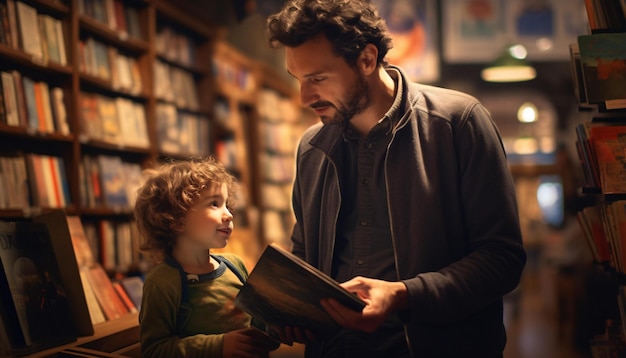 Ein Mann und ein kleiner Junge stehen zusammen in einer Bibliothek