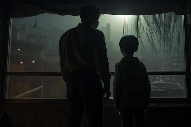 Ein Mann und ein koreanischer Junge stehen gemeinsam vor dem Fenster