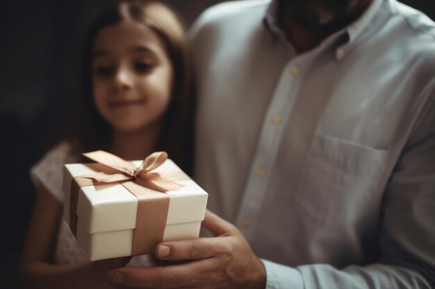 Ein Mann und ein Mädchen, die eine Geschenkbox mit einem Band darauf halten.