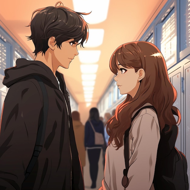 Ein Mann und ein Mädchen schauen sich gegenseitig ins Gesicht mitten auf einem Schulgang. Süße Romantik.