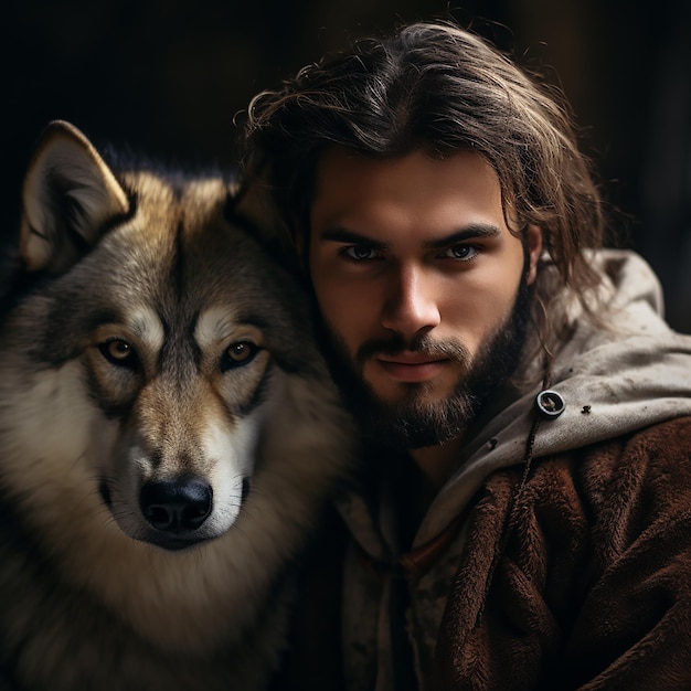 Ein Mann und ein Wolf