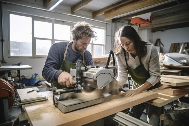 ein Mann und eine Frau arbeiten an einer Nähmaschine