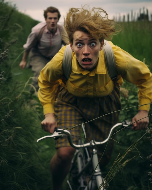 Foto ein mann und eine frau fahren mit dem fahrrad durch ein feld