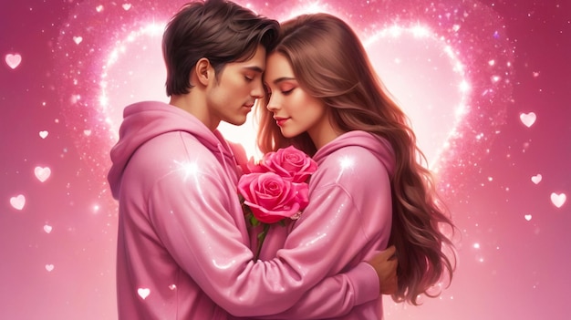 Ein Mann und eine Frau feiern den Valentinstag, indem sie sich warm umarmen und rosa Kleidung tragen