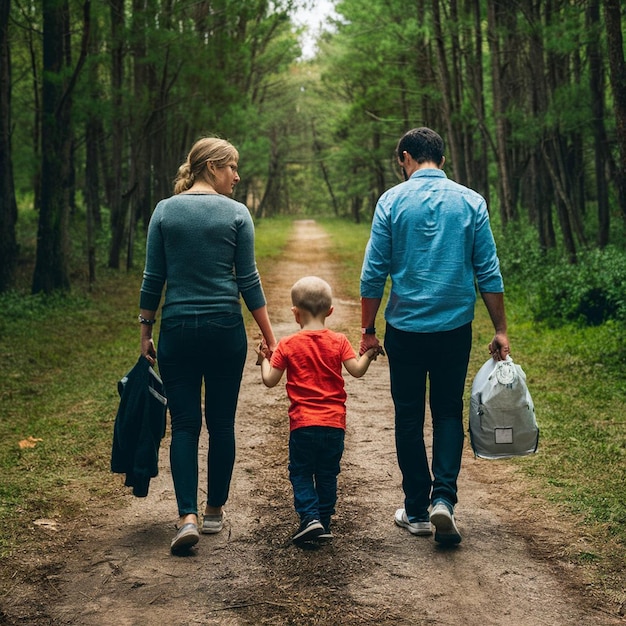 ein Mann und eine Frau gehen einen Pfad mit einem Kind entlang