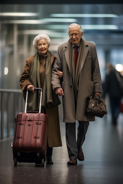 Ein Mann und eine Frau gehen mit einem Koffer.