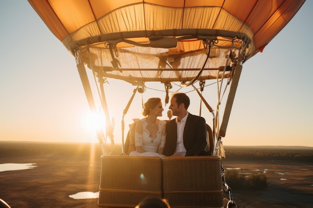 Ein Mann und eine Frau genießen eine malerische Fahrt, während sie in einem am Himmel schwebenden Heißluftballon sitzen. Skurrile Hochzeit in einem Heißluftballon, KI-generiert