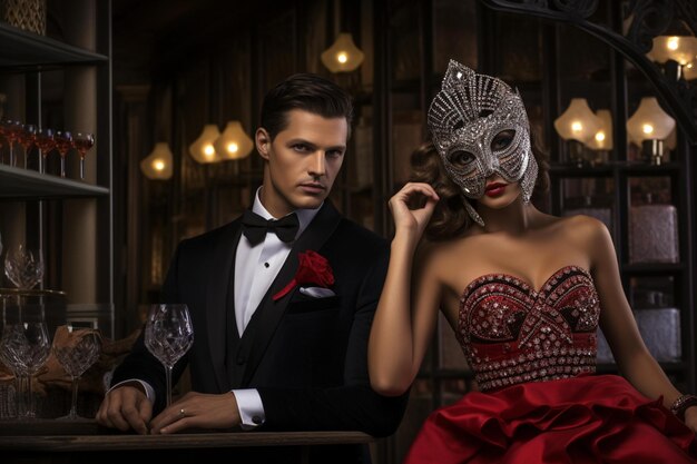 Ein Mann und eine Frau in einem roten Kleid posieren vor einer Maske mit einer roten Rose.
