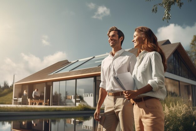 ein Mann und eine Frau kauften ein Haus in der Nähe eines neuen Landhotels mit Panoramabildern