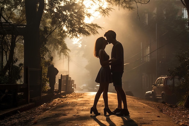 Ein Mann und eine Frau küssen sich in einem Park am frühen Morgen.