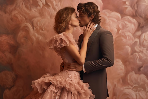 Ein Mann und eine Frau küssen sich vor einem rosa Hintergrund mit Wolken