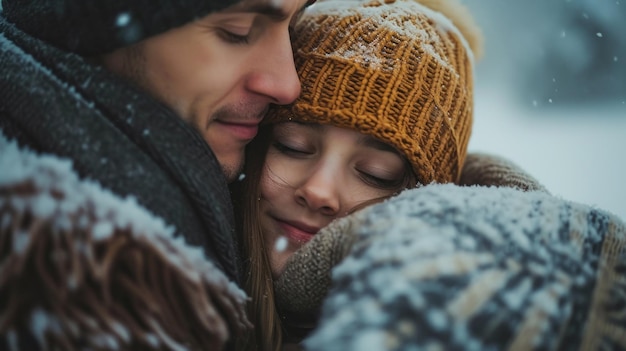 Ein Mann und eine Frau kuscheln im Schnee