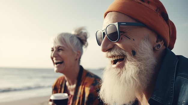 Ein Mann und eine Frau lachen am Strand