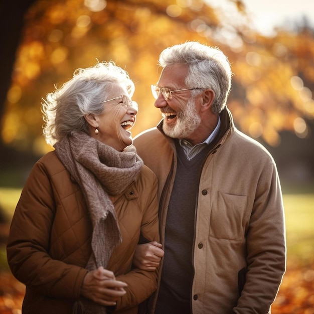 ein Mann und eine Frau lachen in einem Park