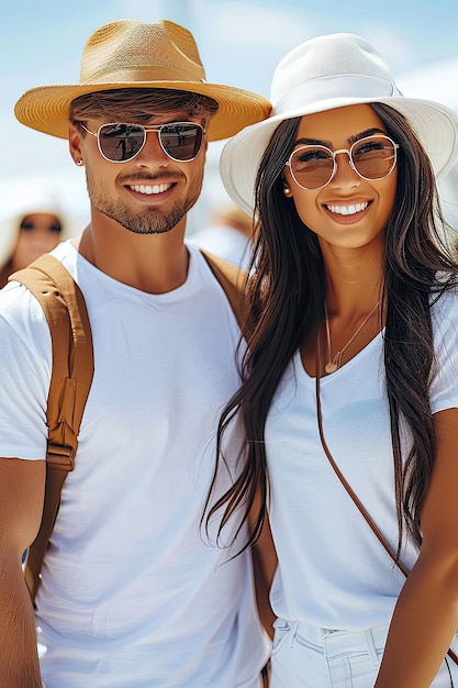 Ein Mann und eine Frau lächeln für die Kamera, beide tragen eine Sonnenbrille und einen Hut