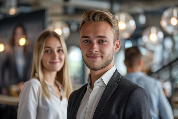 Foto ein mann und eine frau lächeln in einem raum mit einem mann, der einen anzug und ein hemd trägt, auf dem steht: