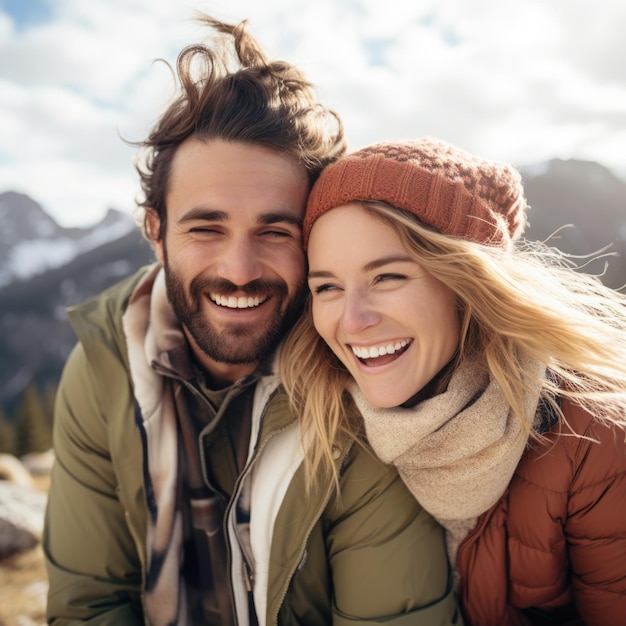 Ein Mann und eine Frau lächeln, während sie auf einem Berggipfel sitzen