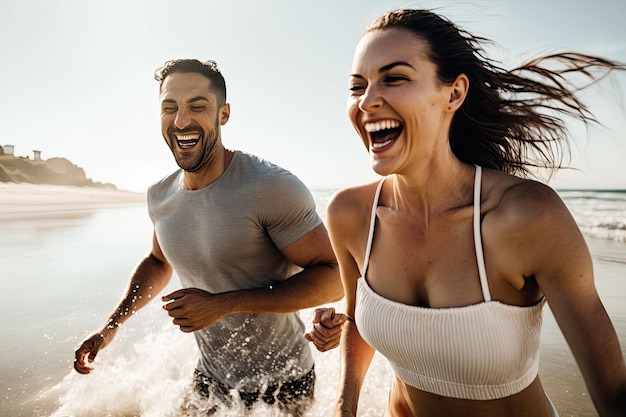 Ein Mann und eine Frau laufen durch das Wasser auf