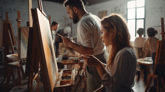 Ein Mann und eine Frau malen in einem Atelier auf einer Leinwand.