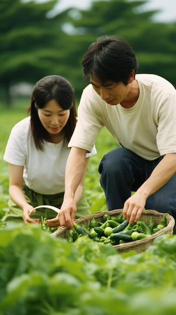 Ein Mann und eine Frau pflücken Gemüse auf einem Feld