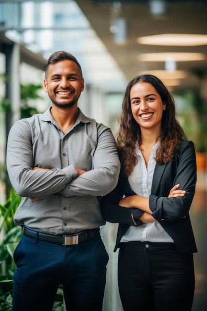 ein Mann und eine Frau posieren für ein Foto in einem Büro