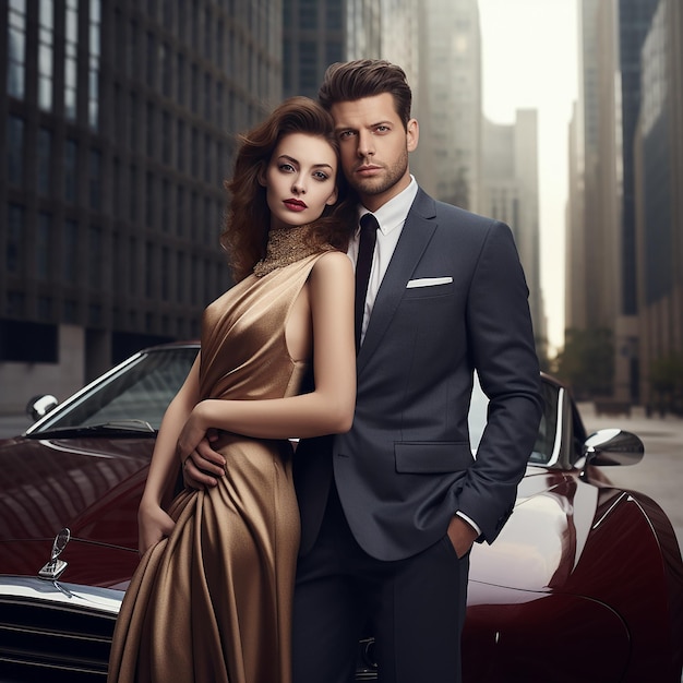 ein Mann und eine Frau posieren vor einem Auto mit dem Wort Liebe darauf