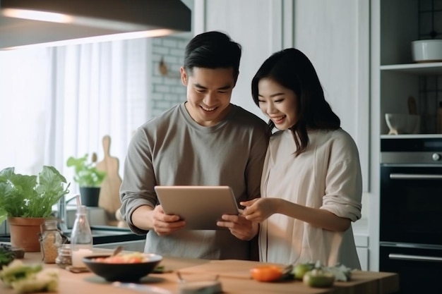 ein Mann und eine Frau schauen auf eine Tablette, auf der etwas zu essen zu sehen ist