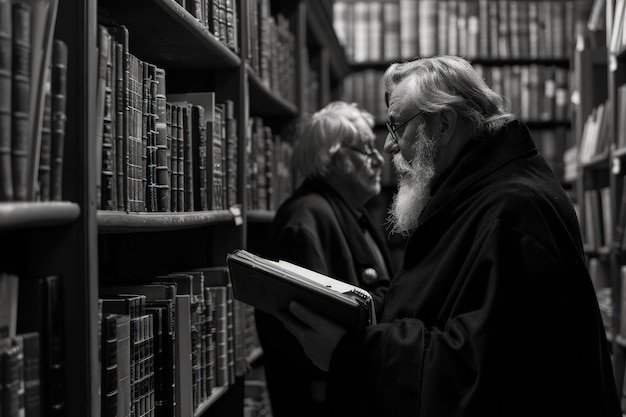 Ein Mann und eine Frau schauen sich Bücher in einer Bibliothek an