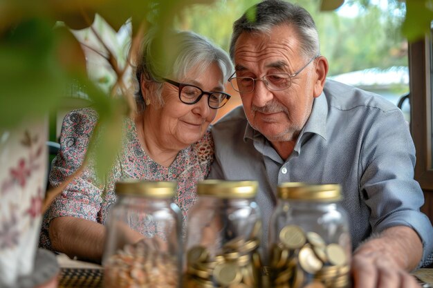 Ein Mann und eine Frau schauen sich ein Glas mit Münzen an