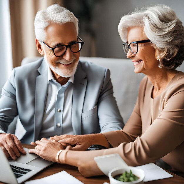 Foto ein mann und eine frau schauen sich einen laptop an