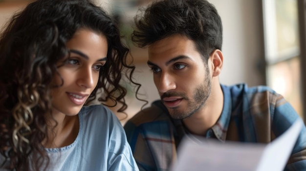 Foto ein mann und eine frau schauen zusammen auf ein stück papier