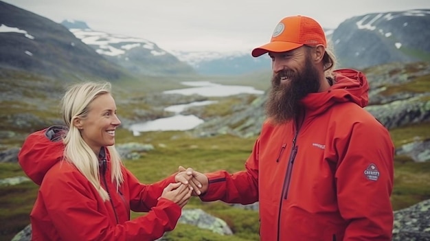 Foto ein mann und eine frau schütteln sich die hände in den bergen