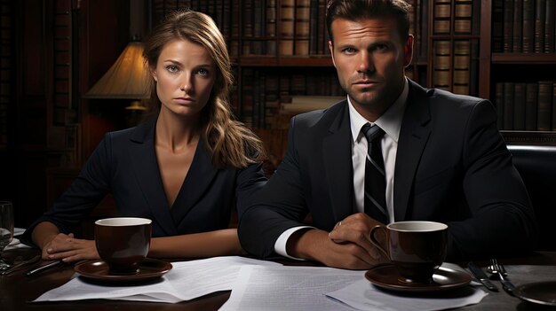 Ein Mann und eine Frau sitzen an einem Tisch, vor ihnen stehen Kaffeetassen.
